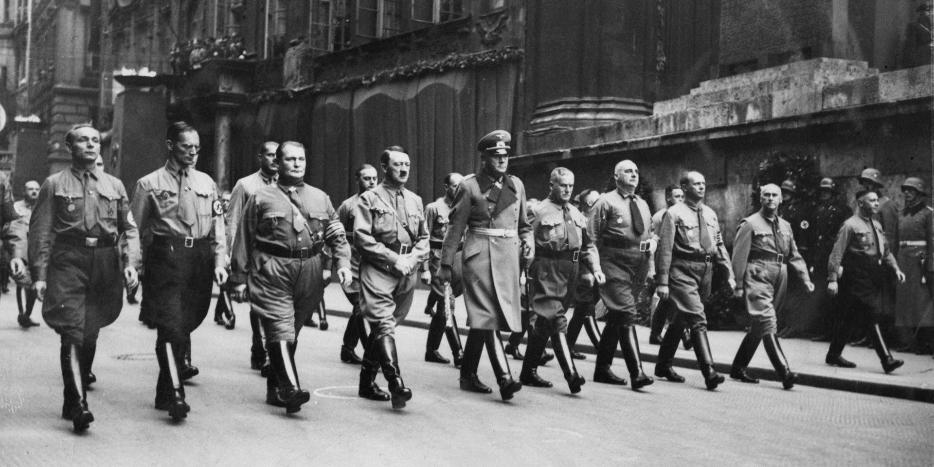 Beer Hall Putsch Commemoration German Chancellor Adolf Hitler (1889 - 1945), Hermann Goering and Werner von Blomberg lead a procession of Nazis to the Munich Burgerbrau Cellar, to commemorate the Munich Beer Hall Putsch of 1923, Germany, 10th November 1937. (Photo by Keystone/Hulton Archive/Getty Images)