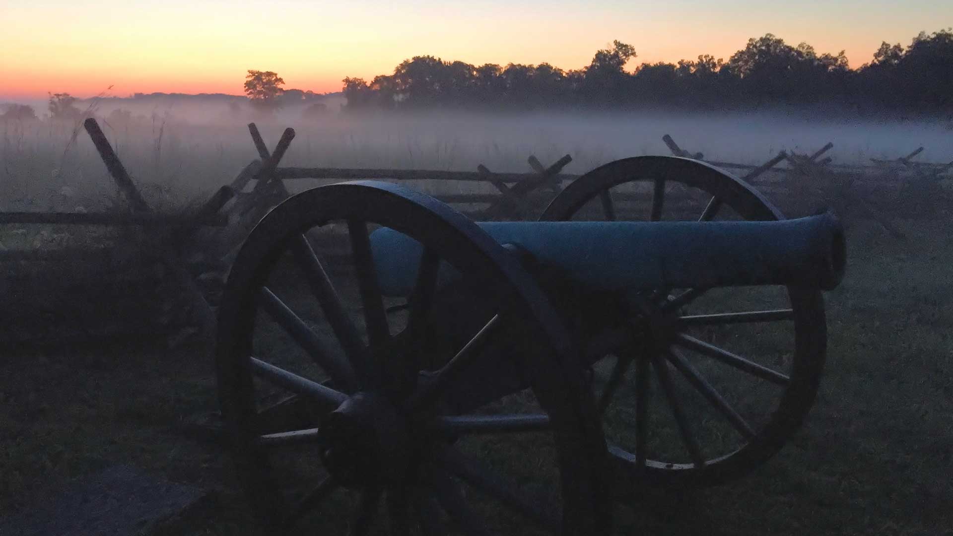 Gettysburg battlefield at dusk.