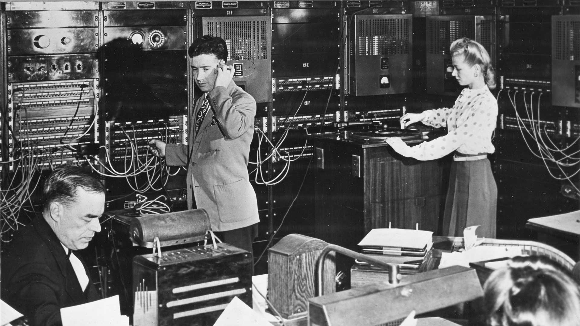 Operators in the Muzak Master Control Room, New York, New York, 1950.